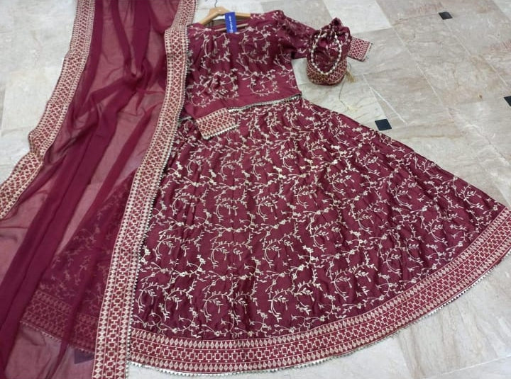 4 Pcs Women Stitched Silk Embrioded Lehenga